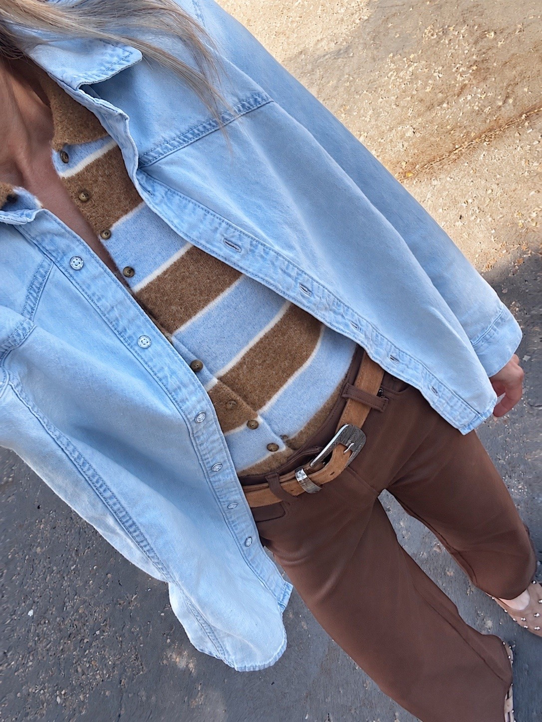 Fall outfit idea, Target denim shirt over Nordstrom cardigan