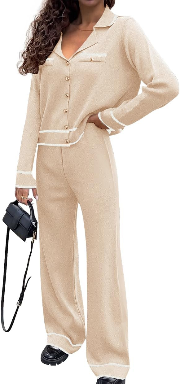 ZESICA Womens Fall Knit Two Piece Outfits Casual Long Sleeve V Neck Sweater Shirts and Wide Leg P... | Amazon (US)