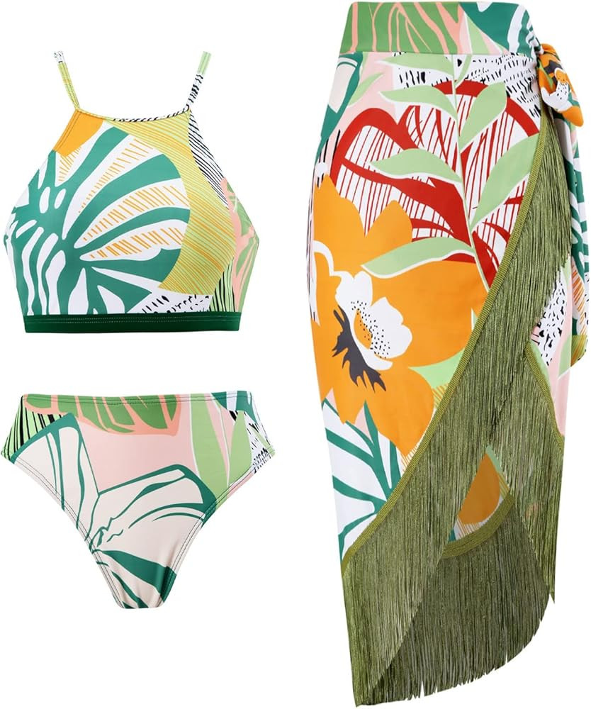 IBAKOM Three Pieces Swimsuits for Women Green Beach Cover Up Green Swimsuit Cover Up Fringe Cover Up | Amazon (US)