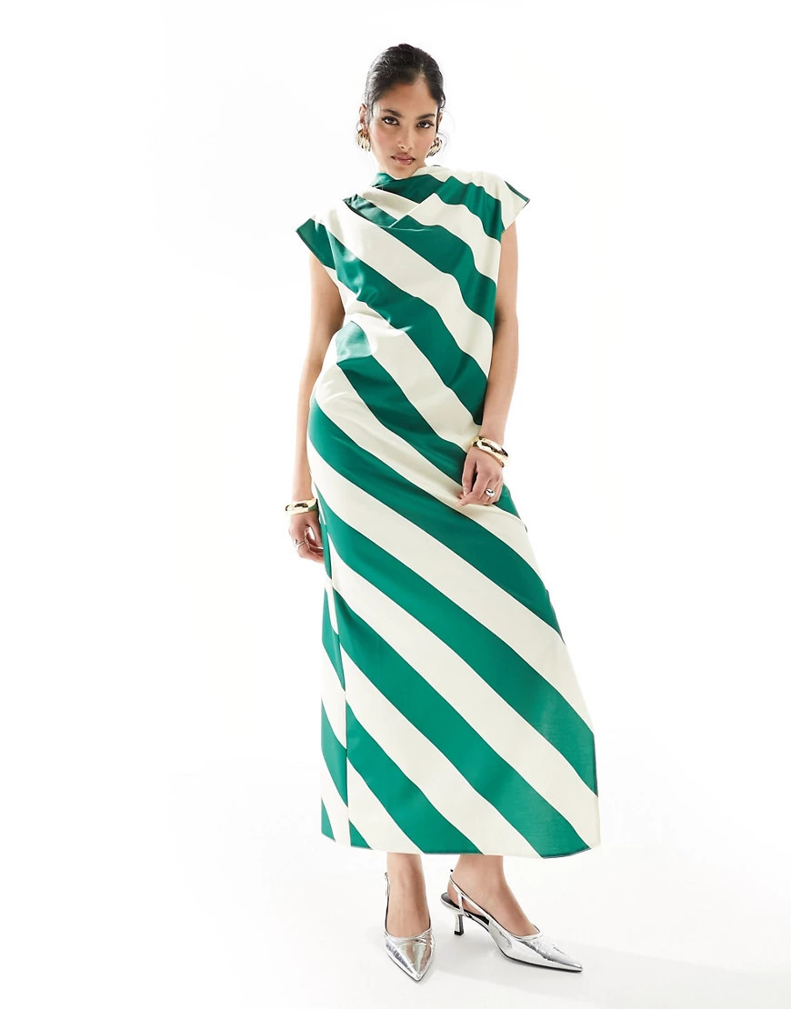 ASOS DESIGN high neck column maxi dress in green stripe-Multi | ASOS (Global)