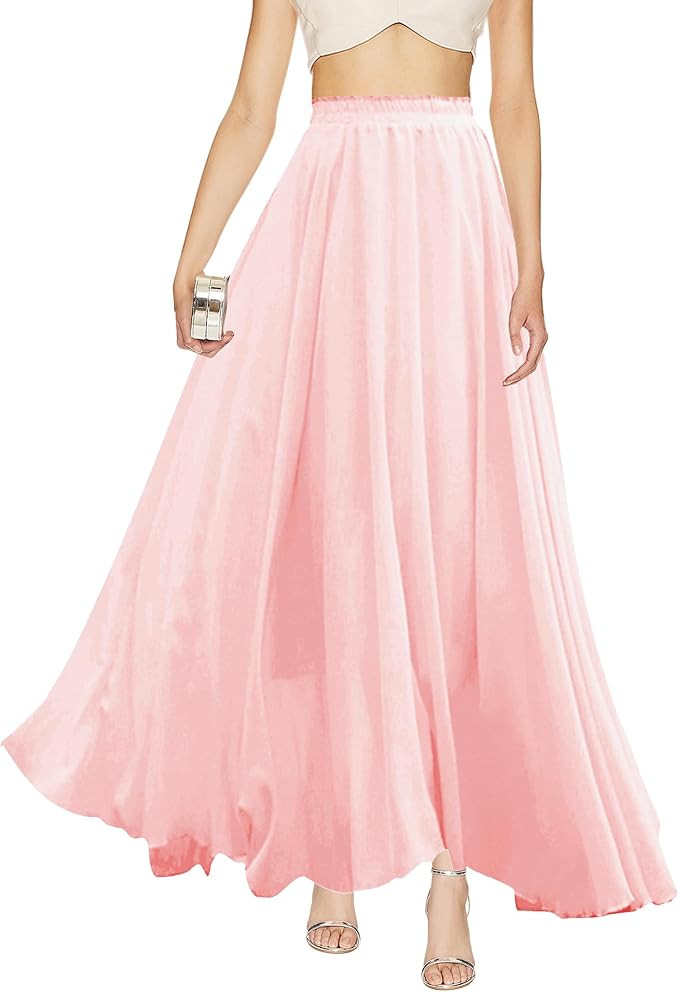 v28 Women Full/Ankle Length Elastic Pleated Retro Maxi Chiffon Long Skirt | Amazon (US)