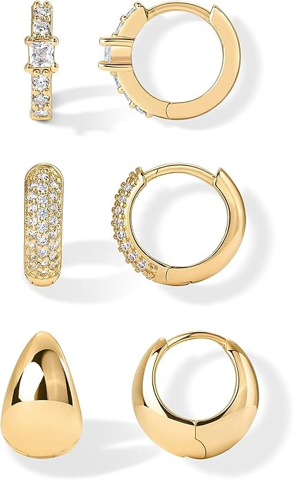 PAVOI 18K Gold Plated 925 Sterling Silver Posts Three Pairs Huggie Hoop Earrings for Women - Trip... | Amazon (US)