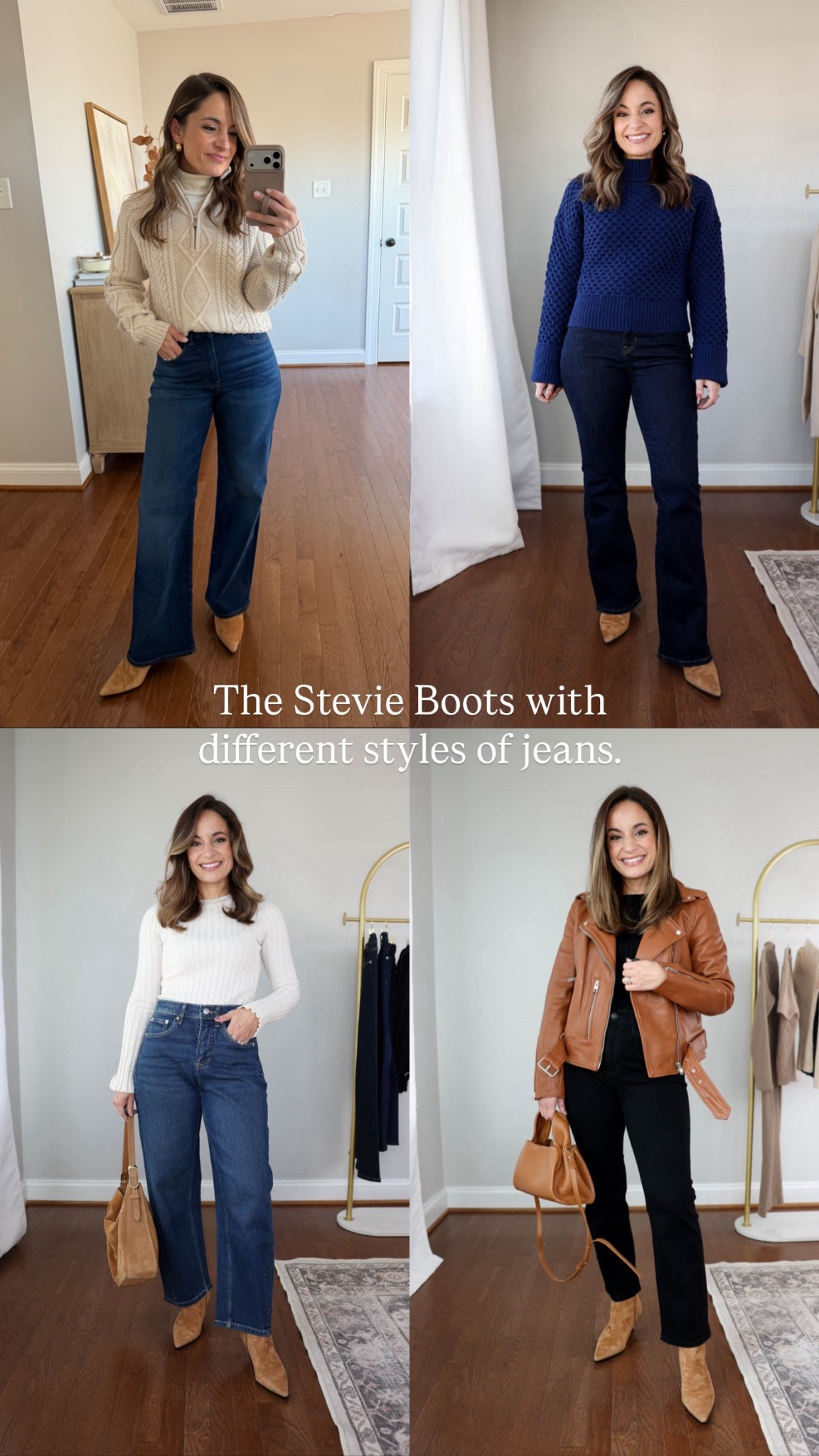 The Stevie Boots with different styles of jeans. 

Outfit 1 
Jeans (Quince): 24 x 28” 
Sweater (Aritzia): xs 

Outfit 2 
Jeans (J.Crew): petite 24 
Sweater (J.Crew): xxs 

Outfit 3
Jeans (Spanx): petite 0/xs - run large 
Top (Quince): xs 

Outfit 4 
Jeans (Quince): 24 x 26”
Jeans (Quince): xs Outfit
Top (Quince): xs 

#LTKPetite