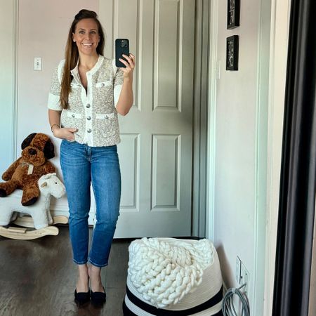 Entering my definition of dressing like a mom… I can get used to this look. Wearing a size small in the knit jacket and a 25 in the jeans  

#LTKworkwear #LTKbump #LTKstyletip