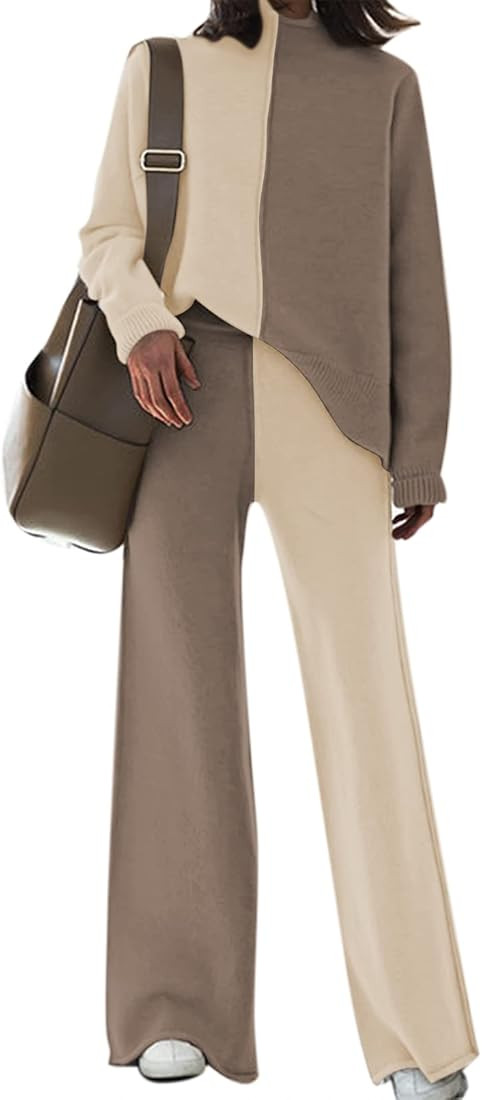 Viottiset Women's 2 Piece Outfits Sweater Set Wide Leg Pants High Neck Sweatsuit Loungewear | Amazon (US)