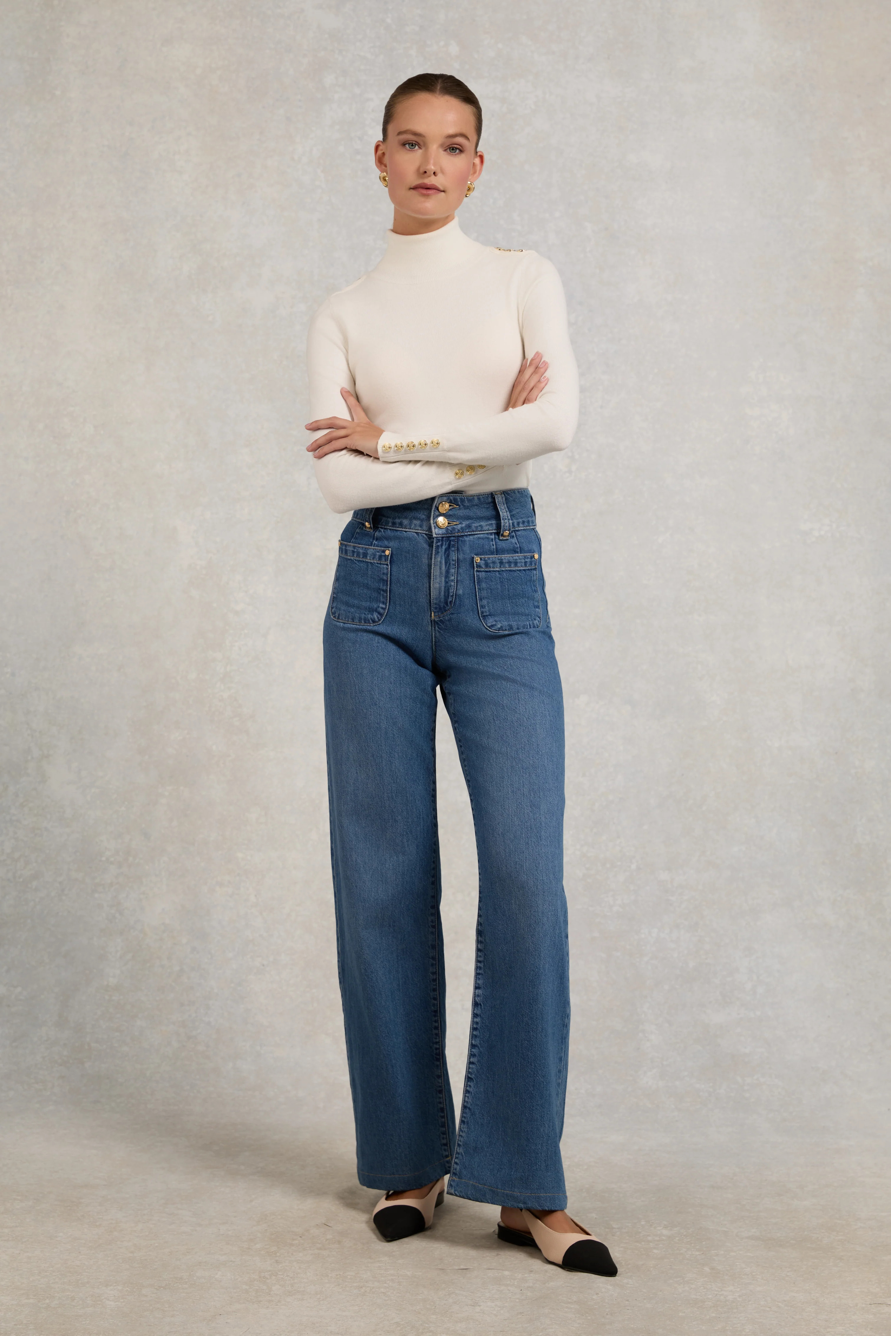 Buttoned Knit Roll Neck (Cream) | Holland Cooper