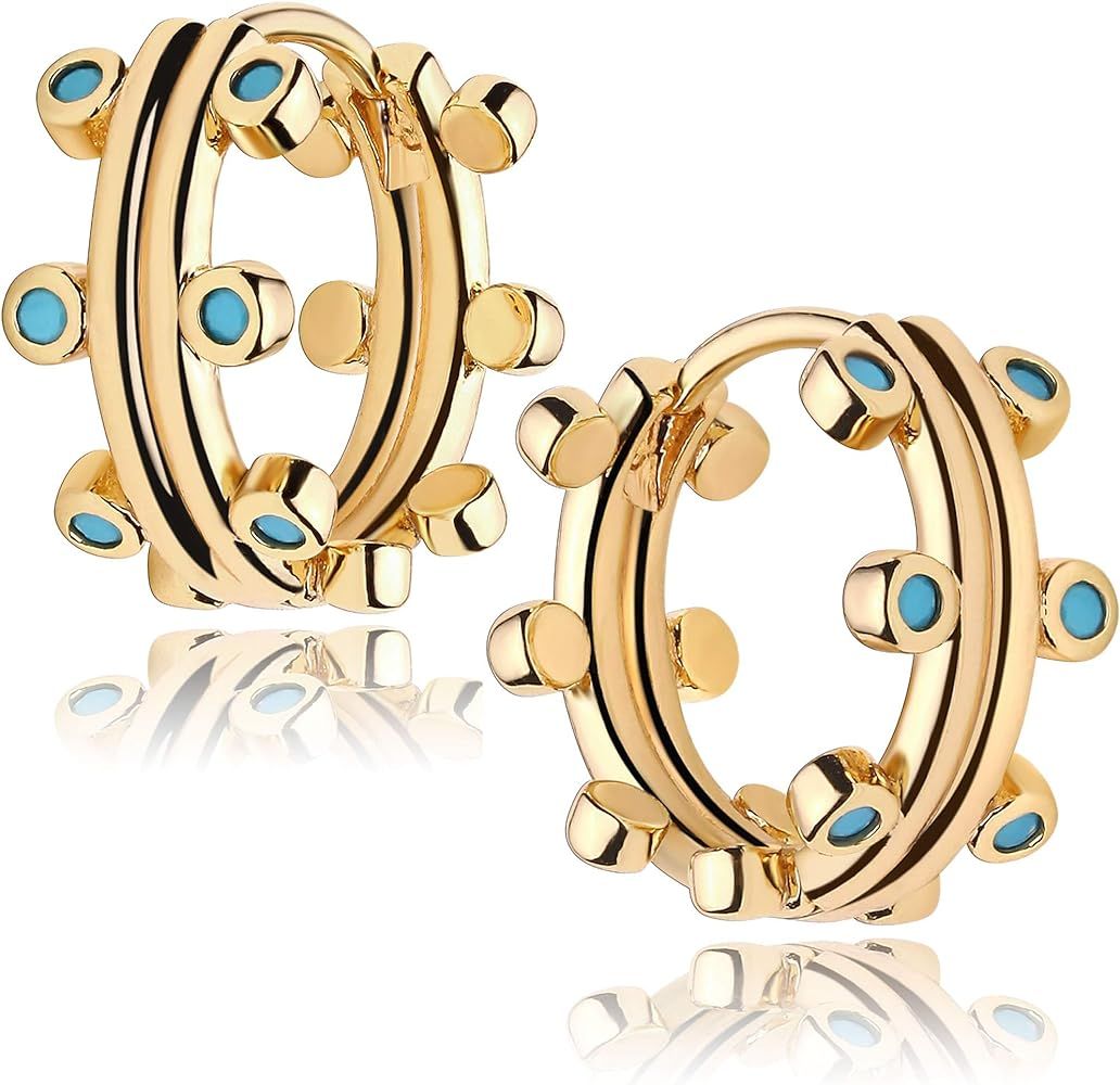 Mevecco Gold Double Turquoise Beaded Huggie Hoop Earrings 14K Gold Plated Dainty Ear Cute Small B... | Amazon (US)