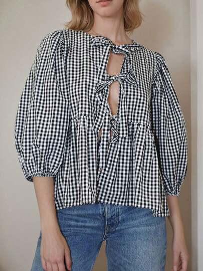 LocalSANOPY Womens Blouses,Blouses For Women Dressy Casual,Women's Tie-Front Plaid Ruffle Top Loose Round Neck Three-Quarter Puff Sleeve Shirt,Plaid Print Button Front Shirt | SHEIN