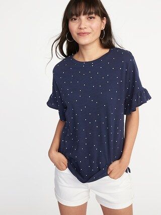Old Navy Womens Ruffle-Sleeve Slub-Knit Top For Women Navy Dots Size L | Old Navy US
