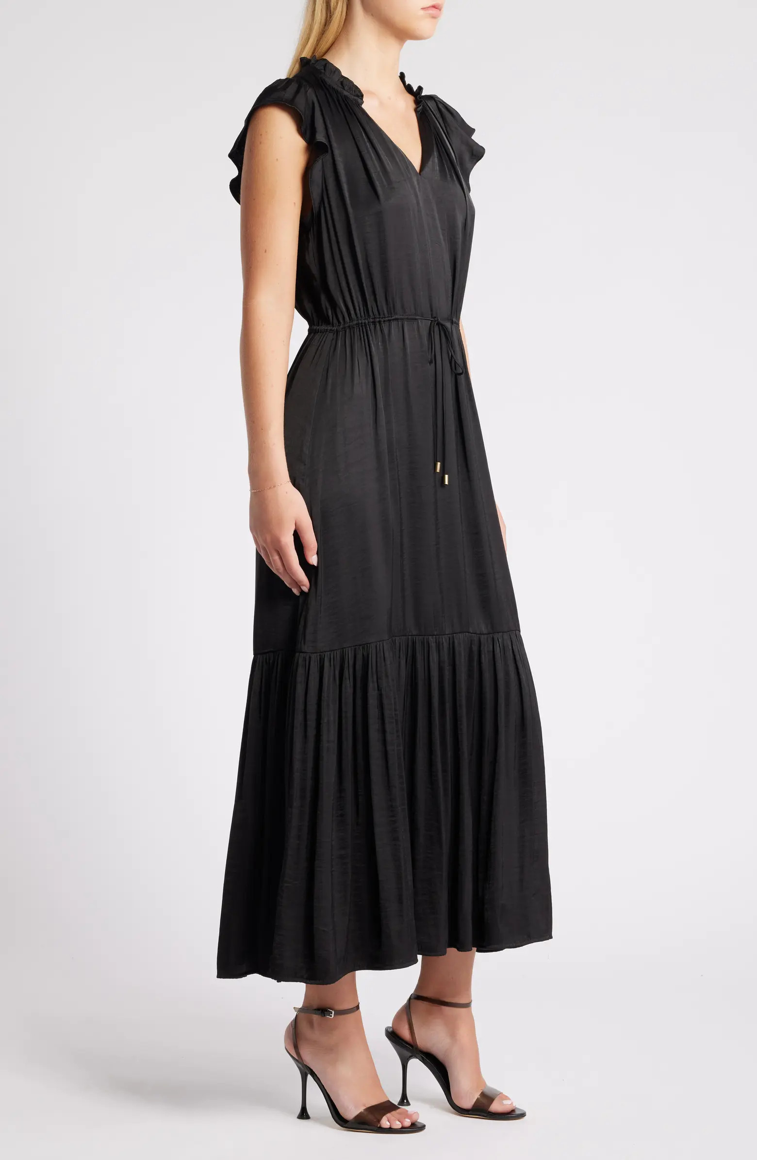 Steve Madden Osiris Tiered Split Neck Cap Sleeve Tie Waist Maxi Dress | Nordstrom | Nordstrom