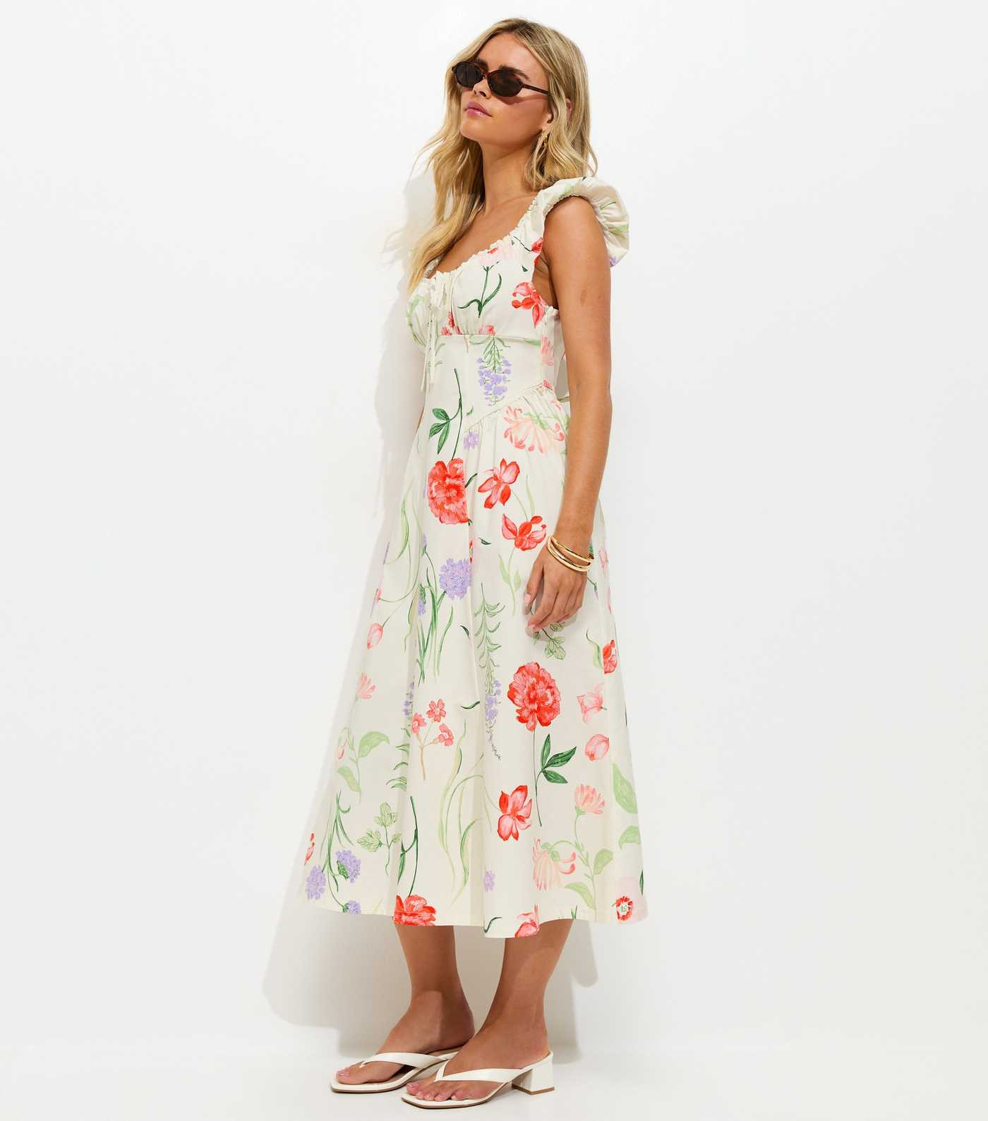 Petite Cream Floral Print Corset Waist Midi Dress | New Look | New Look (UK)