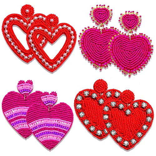 4Pairs Beaded Heart Earrings Valentine’s Day Earrings for Women Handmade Beaded Dangle Earrings Holiday Party Earrings Valentine’s Day Gifts Accessory (Style E) | Amazon (US)