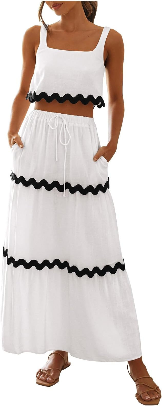 Women's Summer 2 Piece Outfit Sleeveless Rickrack Trim Crop Tank Top Pleated Elastic High Waist M... | Amazon (US)
