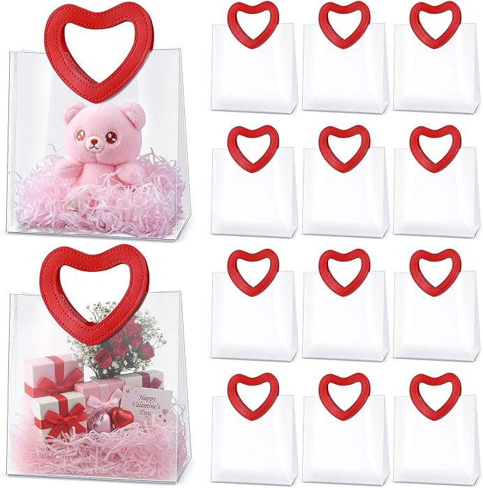 Tosstuki 12 Pcs Valentines Clear Gift Bag with Heart Handle and Ribbon 8.3 x 4.3 x 8.7 Inches Reu... | Amazon (US)