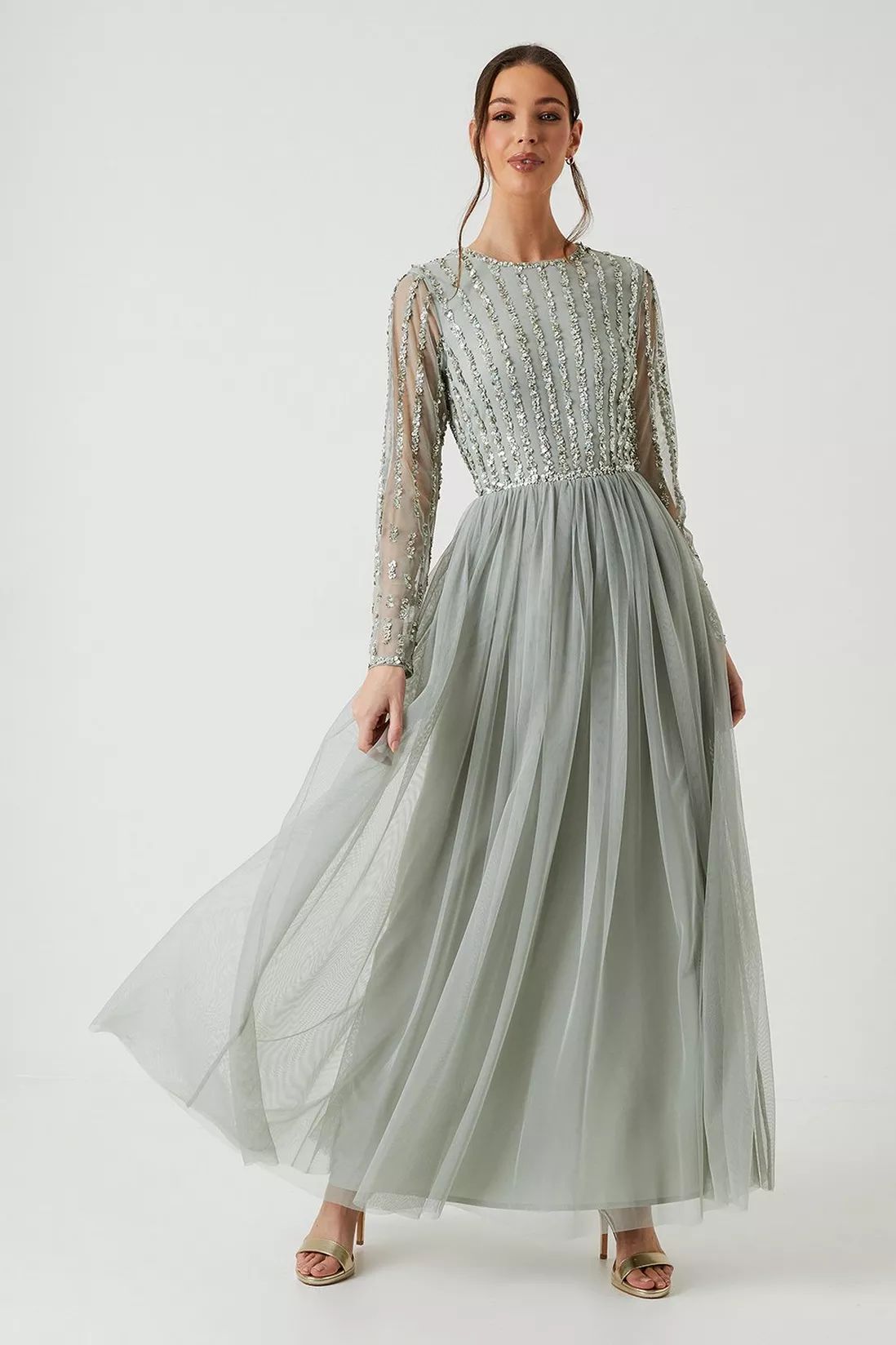 Linear Embellished Long Sleeve Bridesmaids Dress | Debenhams UK