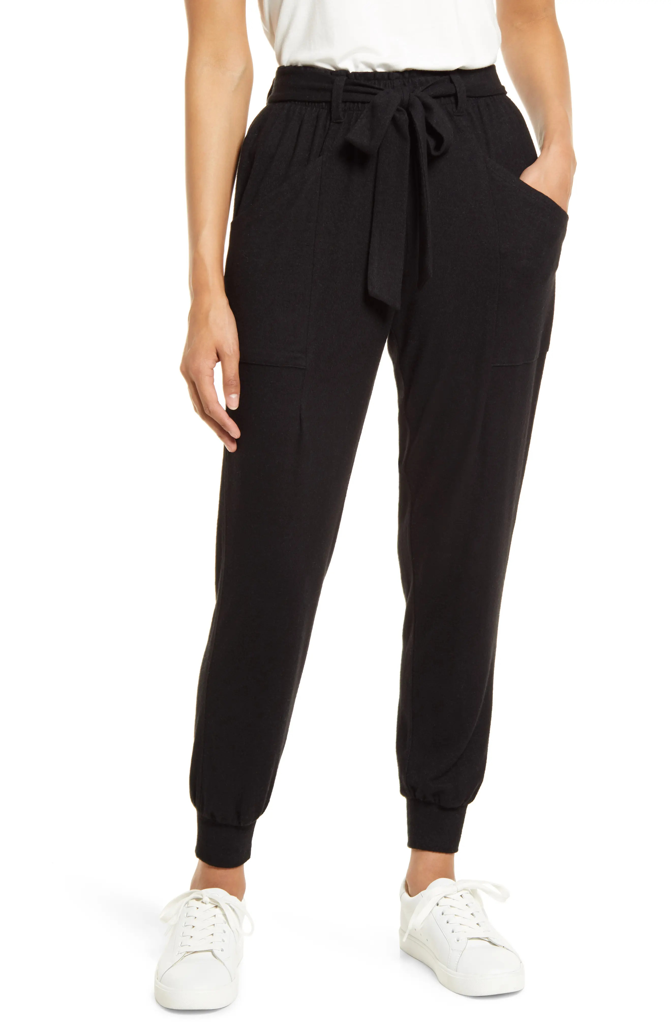 GIBSONLOOK Cozy Fleece Belted Joggers, Size Large in Black at Nordstrom | Nordstrom