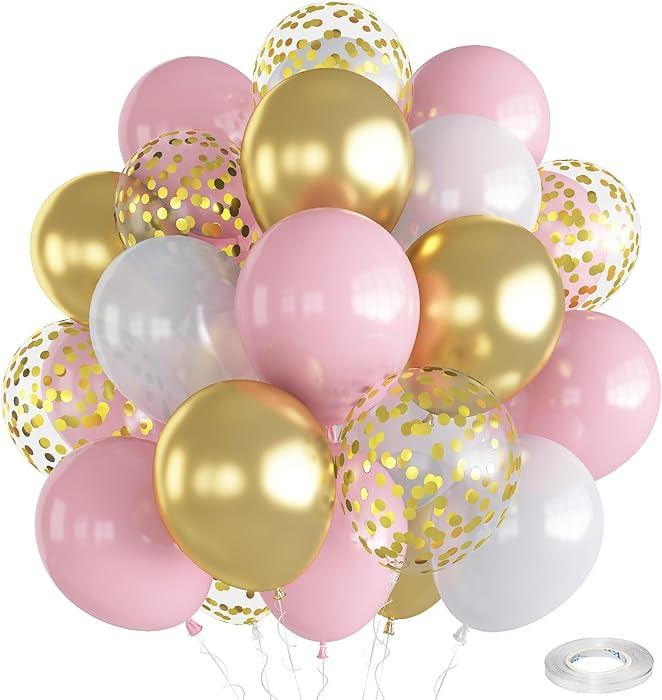 Balloons Pink White Gold, 12 Inch Pastel Pink Pearl White Metallic Chrome Gold Confetti Latex Bal... | Amazon (US)