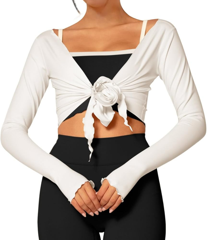 Yousify Women's Tie Wrap Tops Long Sleeve Bolero Shrug Lightweight Ballet Pilates Yoga Gym Workou... | Amazon (US)