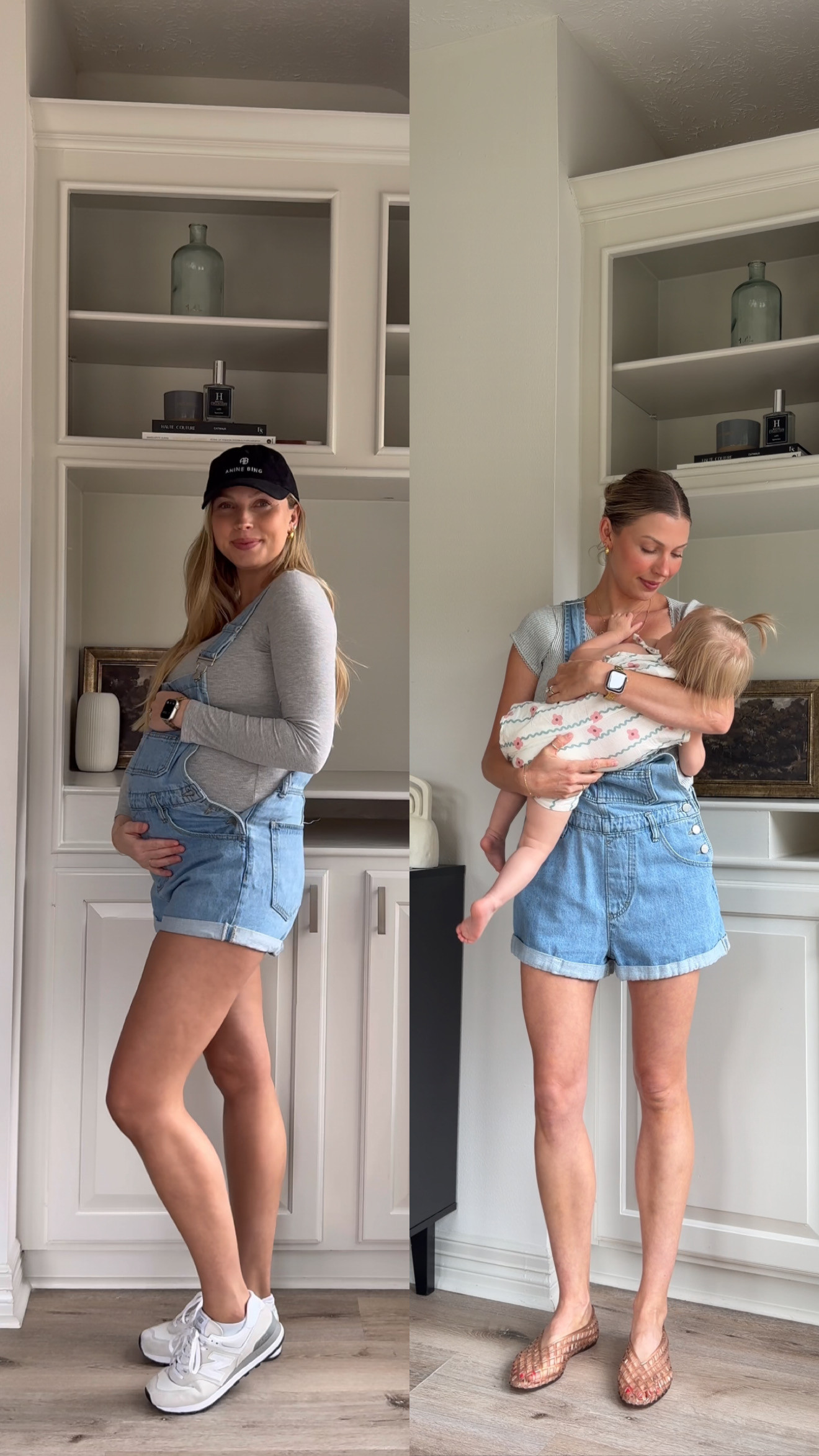 Overalls I have worn through allll stages of motherhood and even before! Wearing S in grey button top + M overalls.
 

 