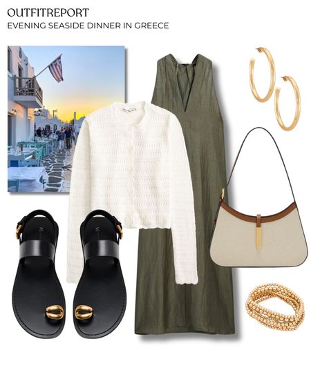 Holiday maxi dress outfit green khaki dress white cardigan sandals demellier handbag and gold bracelet jewellery 

#LTKshoes #LTKbag #LTKstyletip