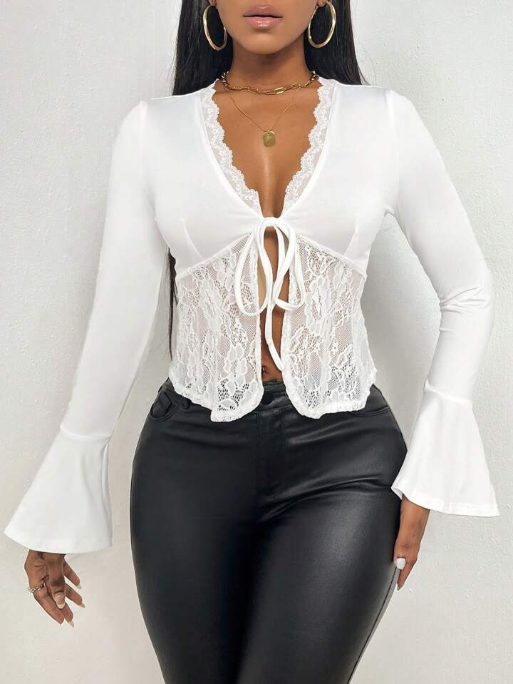 SHEIN Essnce Contrast Lace Flare Sleeve Knot Front Crop Top | SHEIN