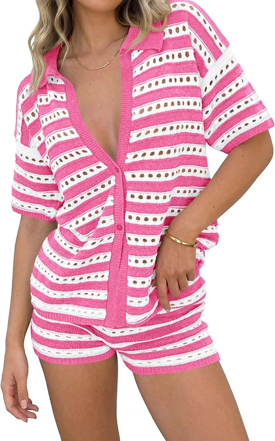 Saodimallsu Womens Crochet Swimsuit Coverup Summer 2 Piece Outfits Striped Knit Short Sleeve Butt... | Amazon (US)