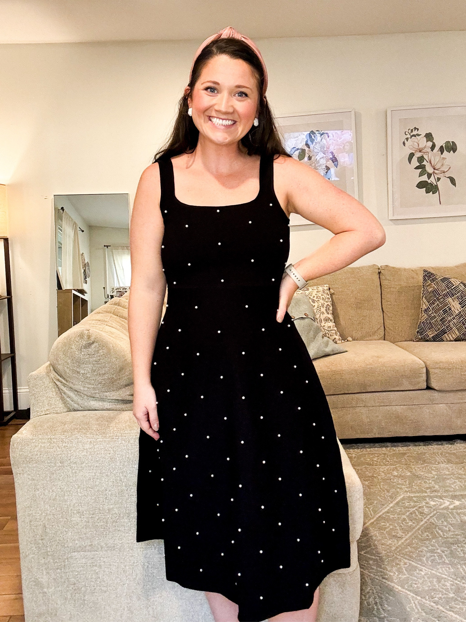 Sweater dress. Pearl dress. Holiday dress. Holiday party outfit 