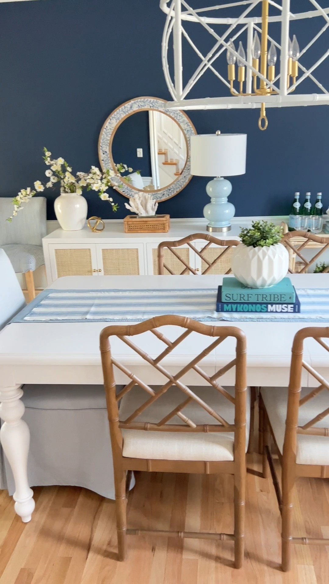 My coastal dining room features a white dining table, blue dining chairs, and blue and white accent pieces for a classic modern coastal look. I love how the crisp white furniture paired with layered blue and white decor makes this space feel bright, airy, and designer-inspired.



#LTKHome #LTKSaleAlert #LTKU