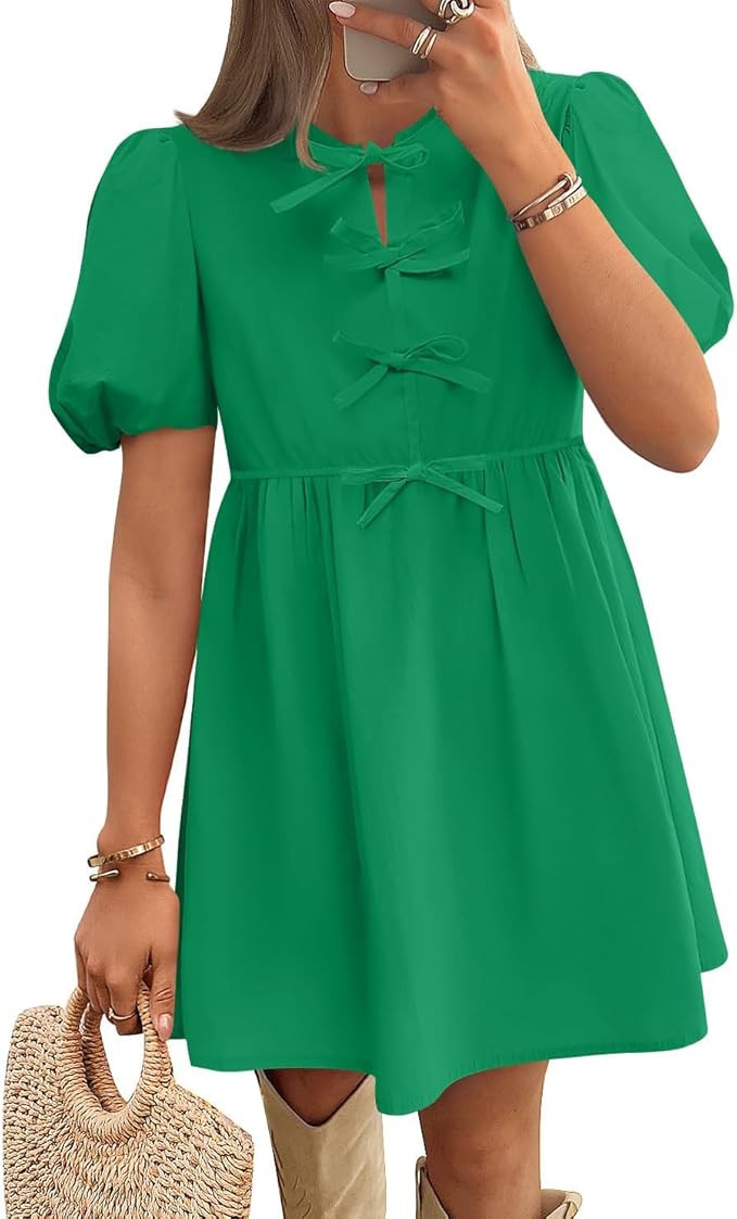 ZESICA Women's Summer Short Sleeve Tie Front Mini Dress Babydoll Ruffle Pleated A Line Vacation G... | Amazon (US)