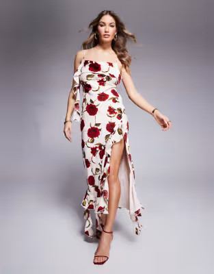 Love Triangle ruffle maxi dress with open back in rose print | ASOS (Global)
