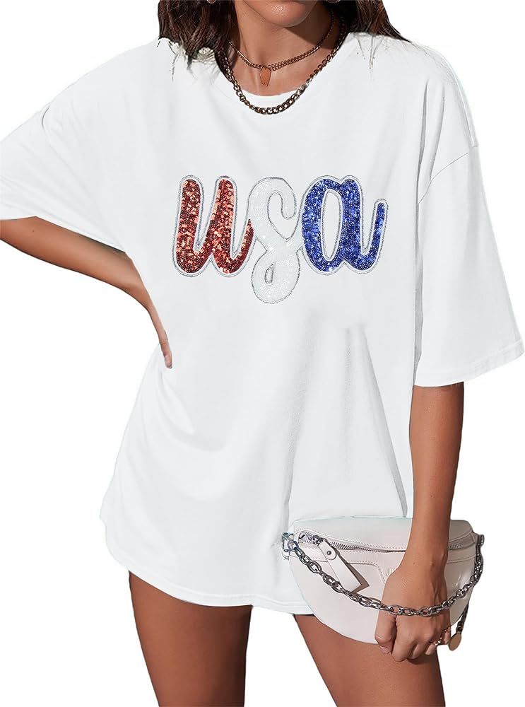 Oversized USA Shirt Women American Flag T-Shirt 4th of July Memorial Gift Tee USA Sequin Patrioti... | Amazon (US)