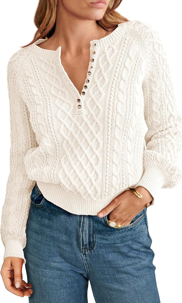 KIRUNDO Womens Sweaters 2024 Fall Winter Cute Long Sleeve Button Crew Neck Cable Knit Cropped Swe... | Amazon (US)