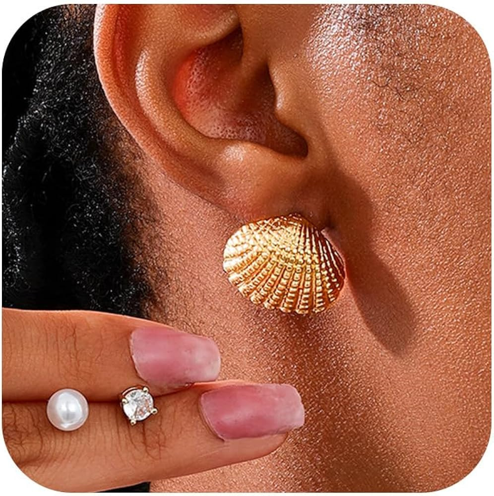 Gold Sea shell Earrings For Women Gold Stud Earrings Set Cute Pearl Earrings Round Cubic Zircon E... | Amazon (US)