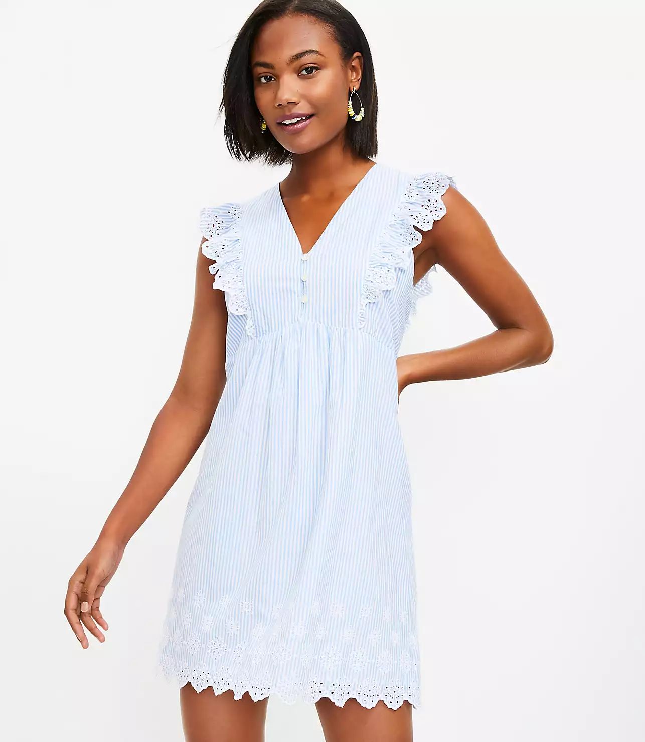 Striped Eyelet Button Ruffle Swing Dress | LOFT