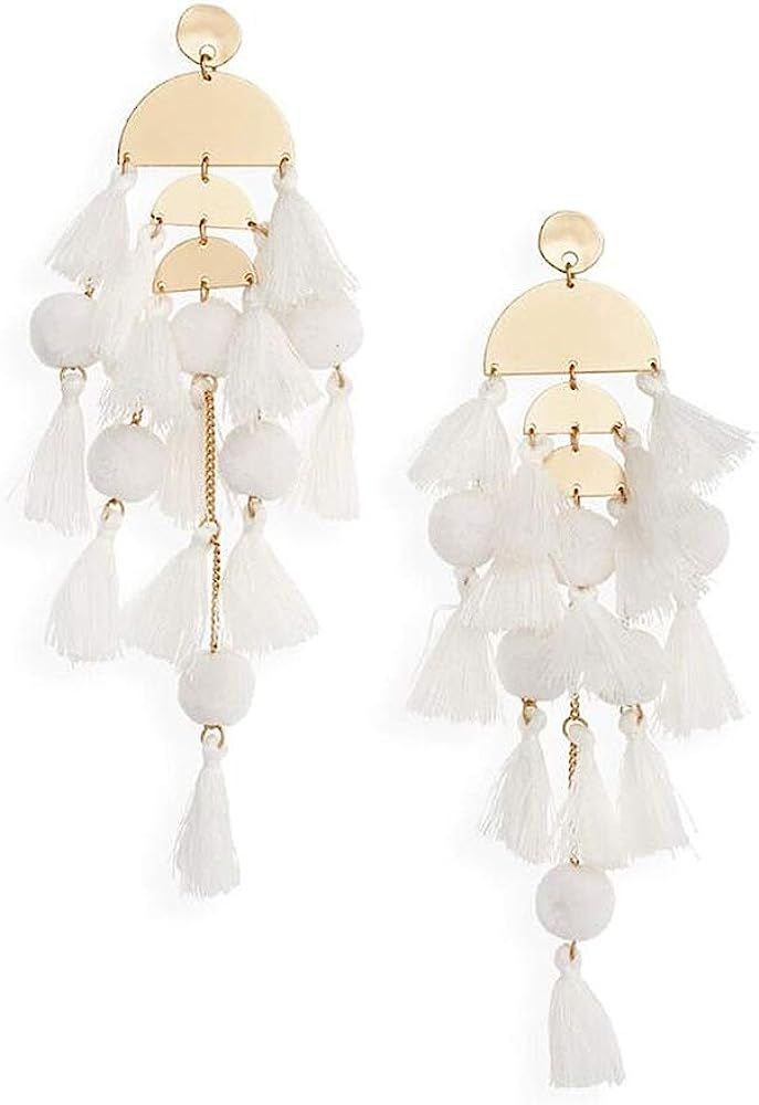 Long Tassel Earrings Statement Bohemian Pom Ball Handmade Drop Dangle Earrings for Women Girls | Amazon (US)