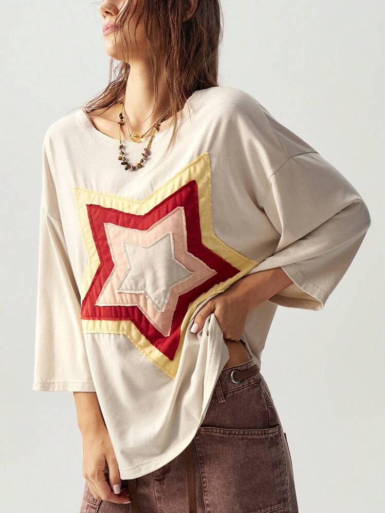 Bohemela Casual Vacation Solid Color Knit Round Neck 3/4 Sleeve Women Blouse With Star Embroidery... | SHEIN