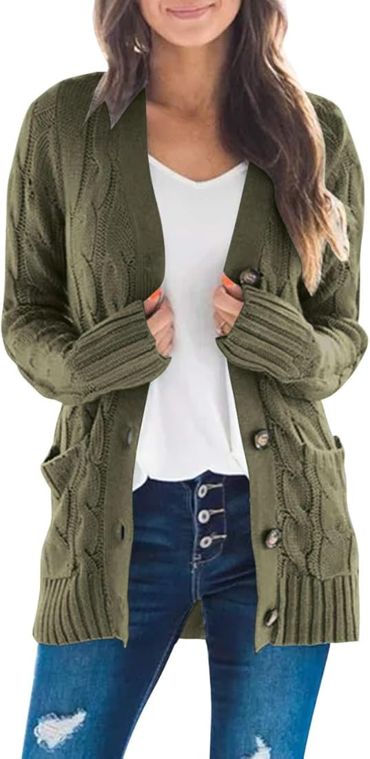 MEROKEETY Women's 2024 Fall Long Sleeve Cable Knit Sweater Open Front Cardigan Button Loose Outer... | Amazon (US)