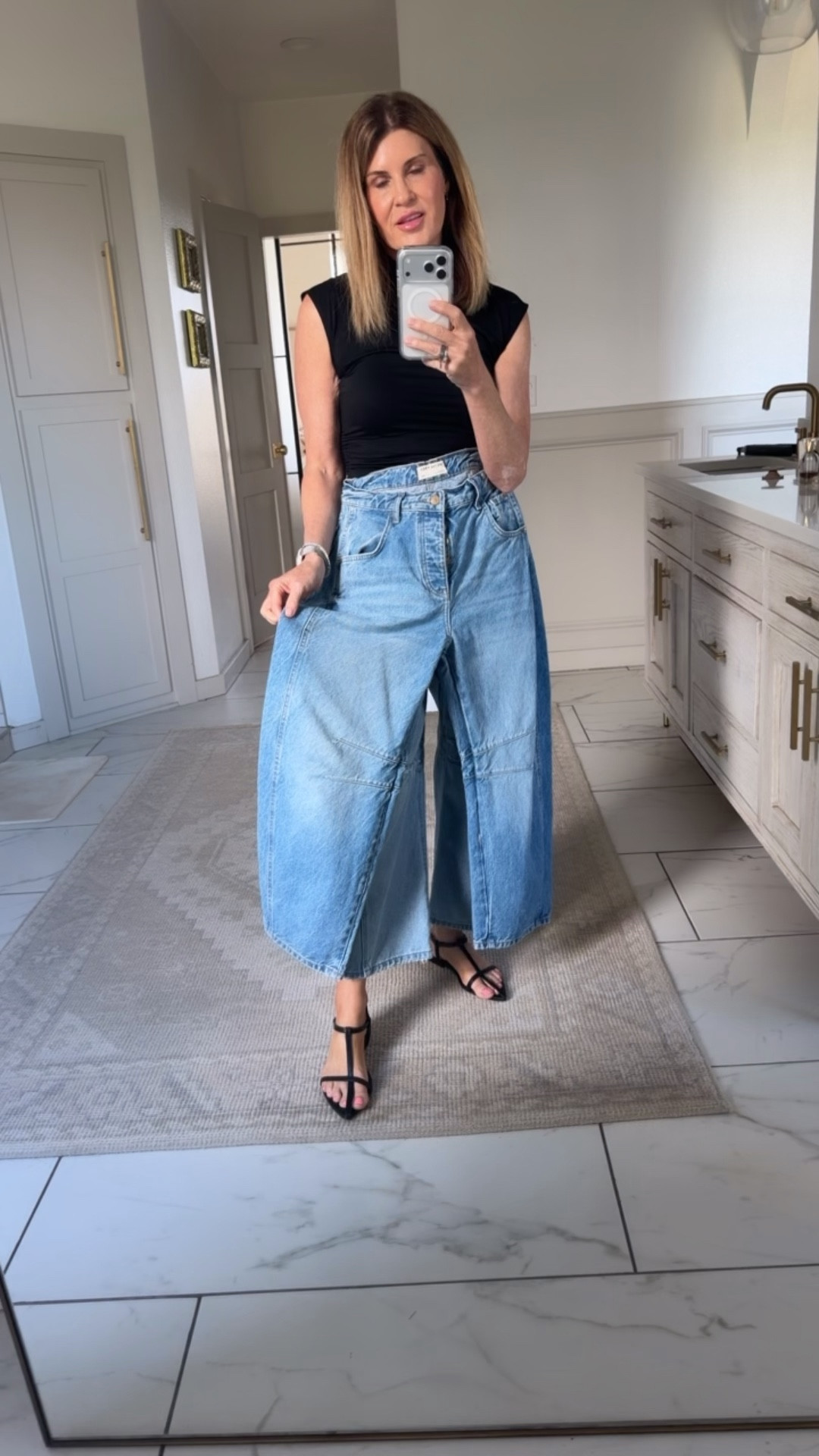 Free people good luck barrel leg size 26 size down
Walmart scoop tts size 4 if between sizes size down only $28! 

#LTKOver40 #LTKgrwm