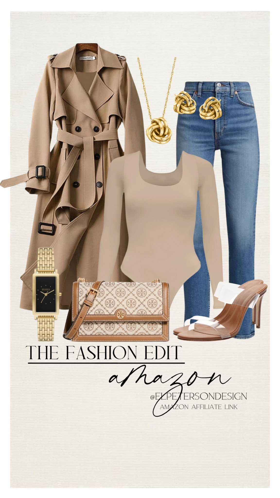 Watch
Bodysuit
Jean
Purse
Long jacket
Heels
Necklace and earring set 

#LTKfindsunder50 #LTKfindsunder100