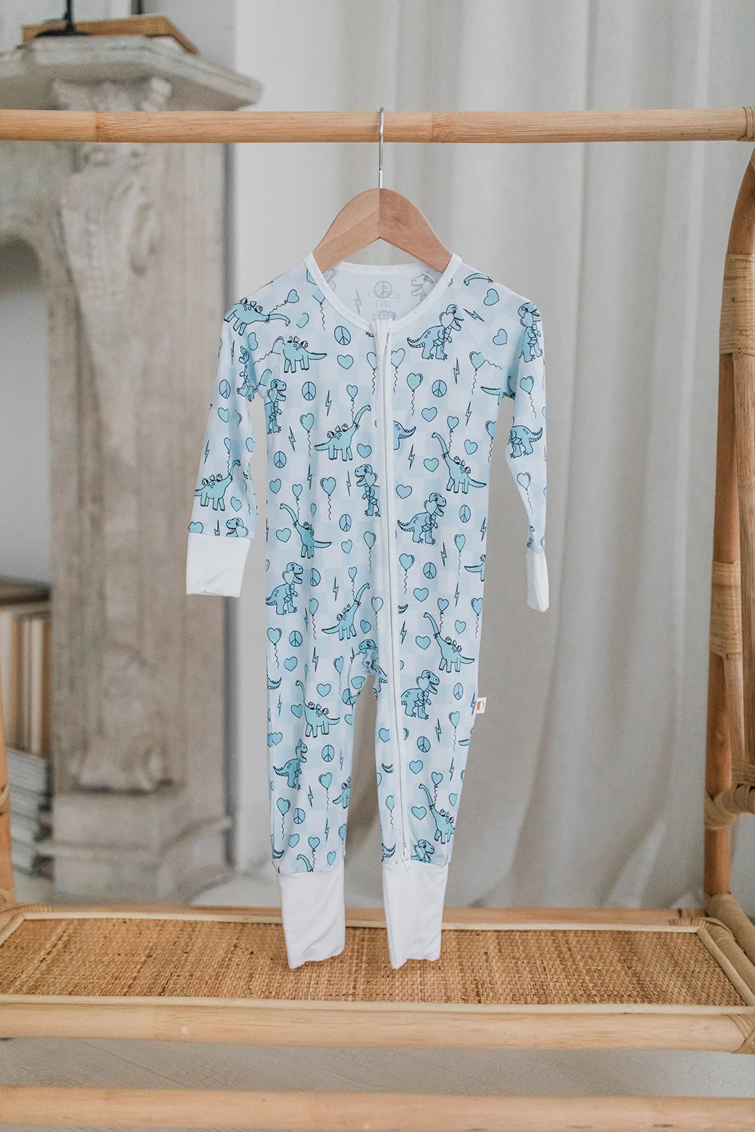 Cozy Dinosaur Zippered Loungewear Romper for Kids - White & Blue Checkered Design | Ollie's Day