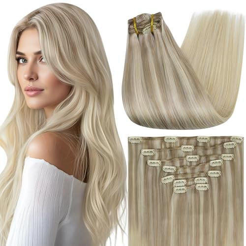 Full Shine Clip in Hair Extensions Balayage Ash Blonde Fading to Platinum Blonde Real Hair Extensions Clip in Human Hair 7 Pcs 16 Inch 120 G | Amazon (US)