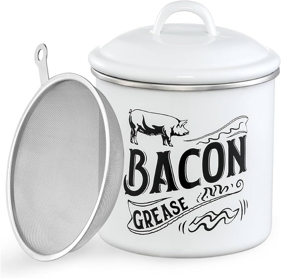 46OZ Bacon Grease Saver Container with Fine Strainer & Lid - Enamel & Stainless Steel Oil Keeper ... | Amazon (US)