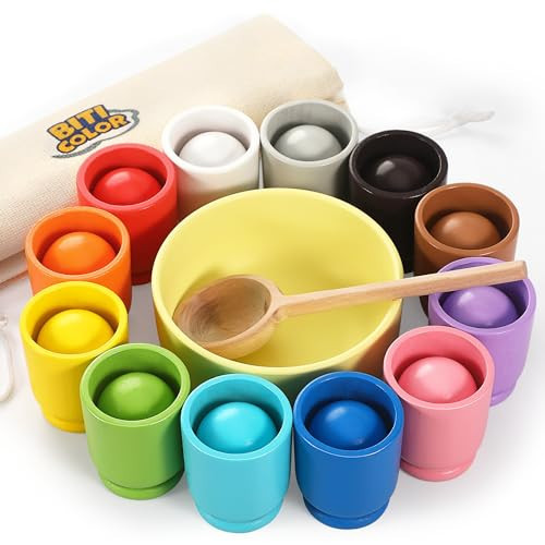 Ball in Cup Montessori Wooden Rainbow Color Sorting Toy for Toddlers - Preschool Color Matching - 12 Balls 40mm | Amazon (US)