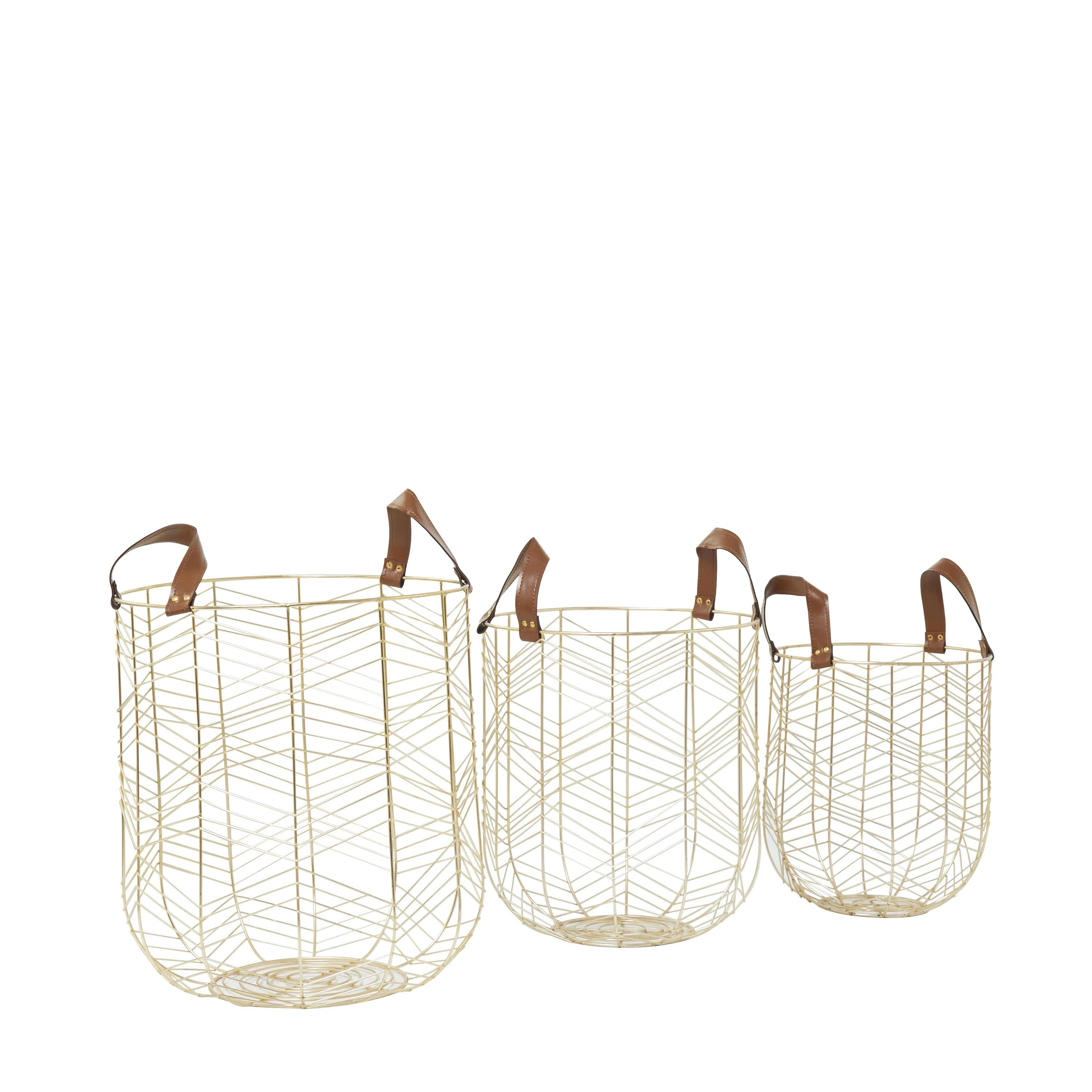 Metal Decorative and Functional Gold Storage Basket with Faux Leather Handles Set (Set of 3) | Wayfair North America