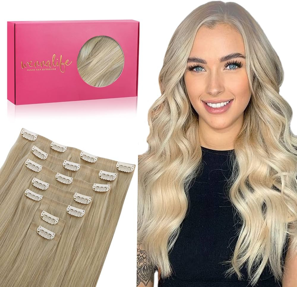 WENNALIFE Seamless Clip In Hair Extensions, 14 Inch 7pcs 130g Ombre Ash Blonde to Golden Blonde B... | Amazon (US)