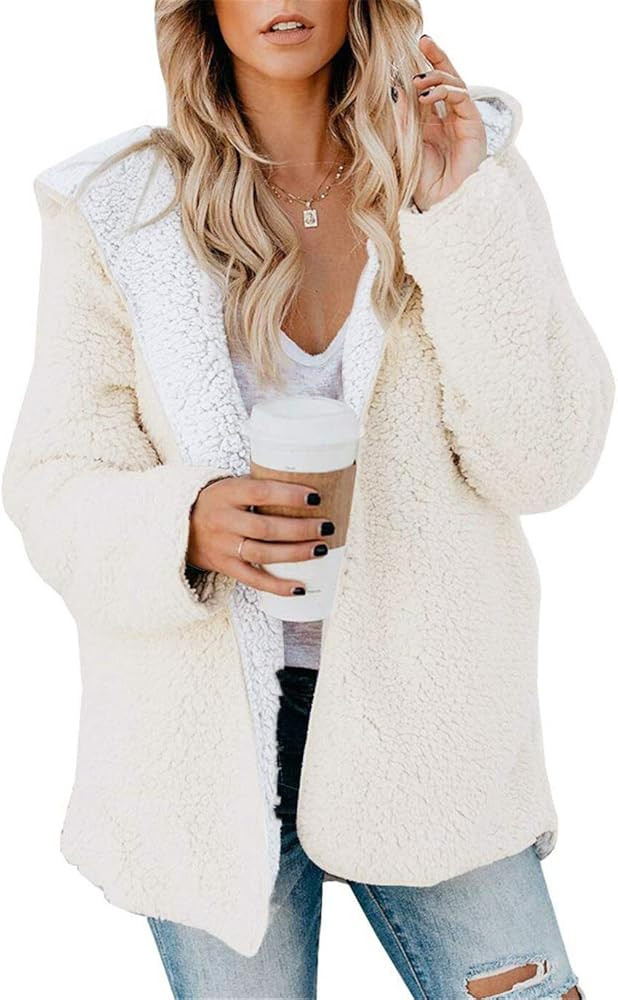 ReachMe Womens Oversized Sherpa Jacket Fuzzy Fleece Teddy Coat with Pockets Open Front Hooded Car... | Amazon (US)