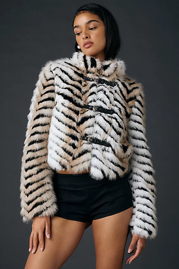 Azalea Wang Argyll Animal Print Faux Fur Coat Jacket in Brown, Women's at Urban Outfitters | Urban Outfitters (US and RoW)