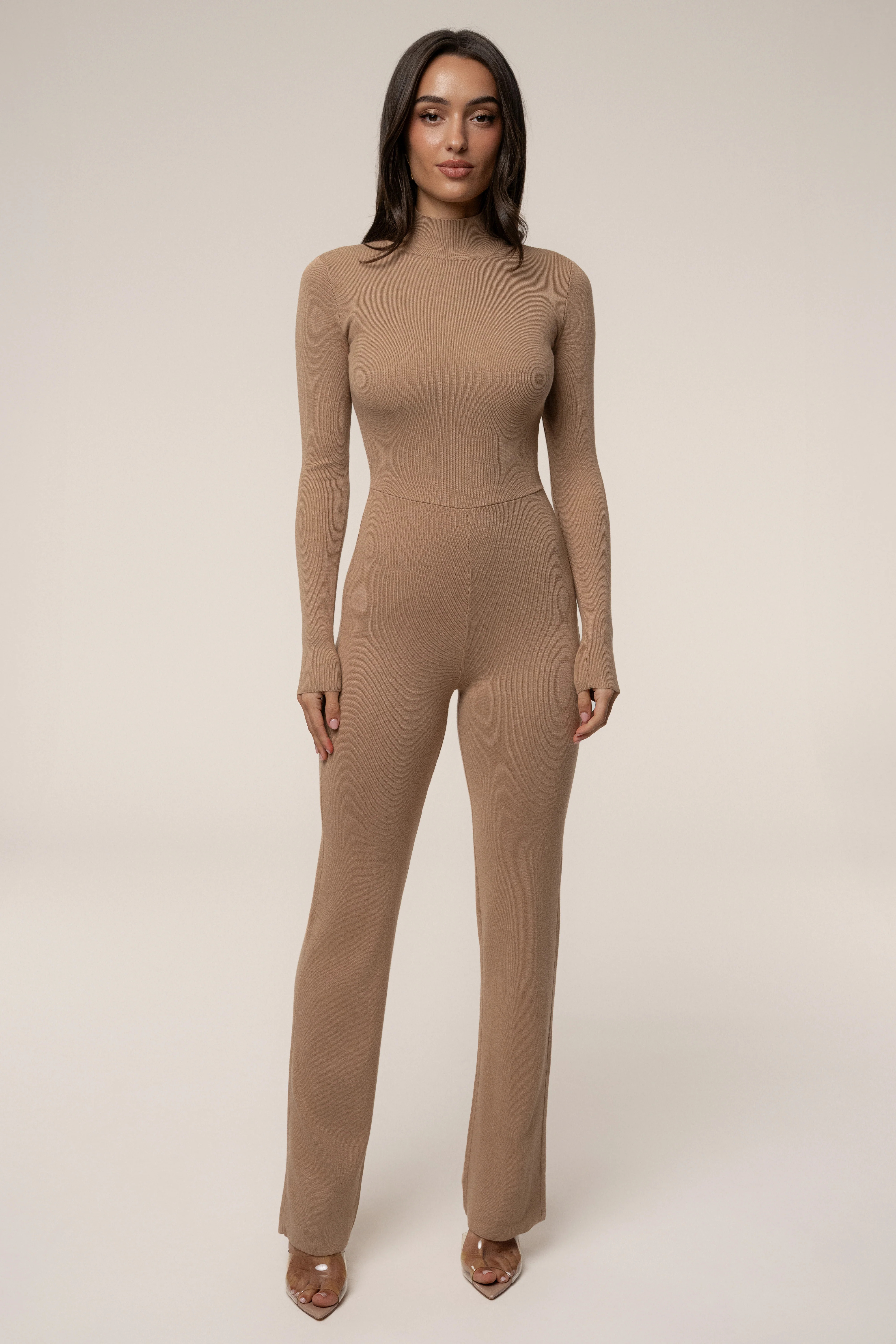 Tan Noel Sweater Knit Jumpsuit S | JLUXLABEL