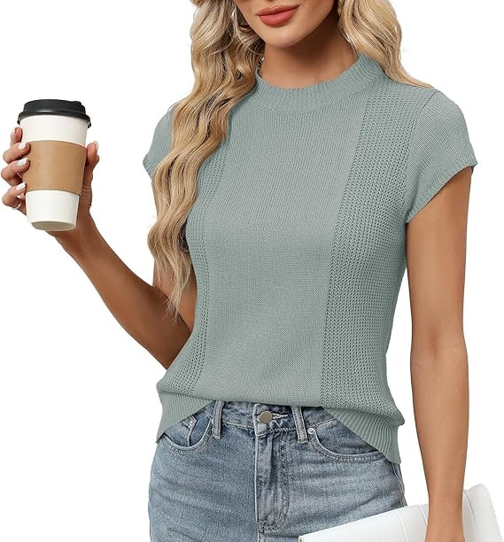 LOMON Women's Summer Cap Sleeve Knit Tops Mock Neck Business Casual Sweaters Lightweight Pullover... | Amazon (US)