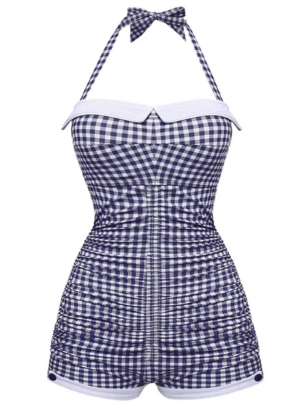 Gingham 1950s Halter Bowknot One-piece Swimsuit | Retro Stage